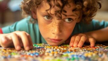 une fermer de une enfant visage comme elles ou ils concentrer sur une difficile puzzle ou Jeu photo