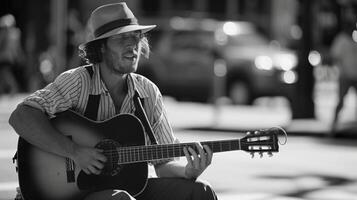 une rue interprète en jouant un acoustique guitare sur une occupé rue coin portant une feutre chapeau et bretelles ajouter une toucher de nostalgie à le moderne atmosphère photo