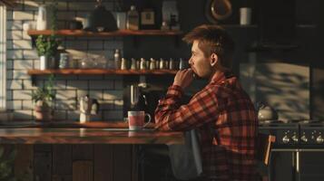 une homme séance à le compteur absorbé dans le du quotidien mots croisés puzzle. il gorgées le sien café avec une Regardez de concentration sur le sien visage photo