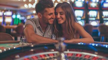 attrayant couple en jouant roulette à casino tableau, jeux d'argent argent et placement paris photo