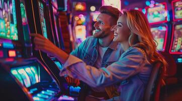 attrayant couple en jouant roulette à casino tableau, jeux d'argent argent et placement paris photo