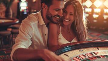 attrayant couple en jouant roulette à casino tableau, jeux d'argent argent et placement paris photo