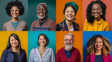 diverse groupe de Hommes et femmes posant pour portraits. plusieurs portraits avec coloré arrière-plans photo