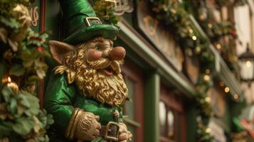 Maisons magasins et Restaurants sont orné avec vert décorations de Facile guirlandes à élaborer affiche avec lutin figurines et des pots de or photo