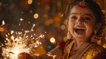 une enfant habillé dans une traditionnel Indien tenue portant bracelets et une bindi avec enthousiasme éclairage cierges magiques à célébrer diwali photo
