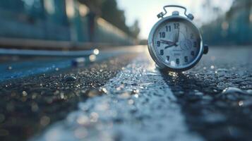 une coup de une chronomètre dans mouvement capturer le précis Horaire de une coureur comme elles ou ils pousser de de le départ ligne photo