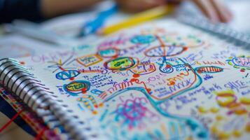 une fermer de une élèves carnet rempli avec coloré esprit Plans et diagrammes détaillant leur des idées pour une numérique narration projet photo