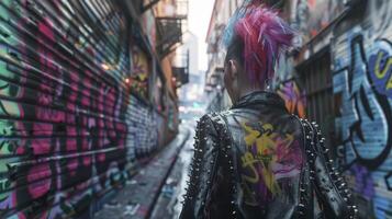 dans une couvert de graffitis ruelle une femme rochers une d'inspiration punk Regardez avec une clouté cuir veste déchiré résille bas et une coloré mohawk. le énervé ensembles vu à e photo