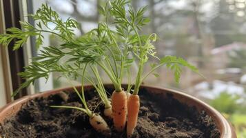 une petit bouquet de carottes est assis dans une pot sur le rebord de fenêtre leur Orange les racines furtivement en dehors de le sol. le plumeux vert hauts spectacle panneaux de croissance avec une peu minuscule blanc fleur photo