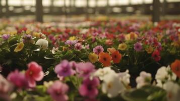 dans une serre rempli avec cultivé en culture hydroponique des légumes une équipe de ouvriers sont manuellement polliniser le les plantes. le coloré fleurs de le les plantes sont facilement visible une photo