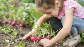 une curieuse Jeune fille s'accroupit vers le bas doucement brossage une façon le sol à révéler une de croustillant des radis leur brillant rose peau cache une étonnamment longue et emmêlé racine système photo