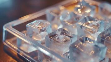 le transparent couvercle de un la glace cube plateau révélateur à la perfection clair comme de l'eau de roche cubes attendre à être chuté dans une boisson photo