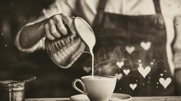 une noir et blanc photo de une barista dans une ancien tablier soigneusement verser à la vapeur Lait dans une coup de Expresso création une magnifique modèle de cœurs et plumes. le à l'ancienne