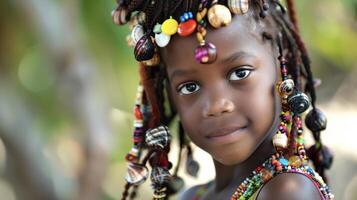 une Jeune noir fille regards en toute confiance dans le caméra sa cheveux orné avec une coloré tableau de perles et coquilles. sa traditionnel habits réussi vers le bas par générations réfléchir le photo