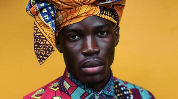 une Beau noir homme portant une unique pièce de coiffures rappelant de tous les deux un africain gèle et un asiatique turban jumelé avec une croustillant boutonner chemise et vibrant à motifs pantalon. le sien photo