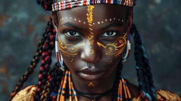 une portrait de une Jeune noir fille sa visage couvert dans vibrant tribal marquages et sa cheveux orné avec complexe tresses. sa regard est féroce et sans s'excuser une réflexion de sa inébranlable photo