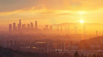 une ville horizon à le coucher du soleil avec vent turbines et solaire panneaux visible dans le premier plan. une légende au dessous de lit exploiter carbone Capturer pour plus vert biocarburant a transformé notre villes photo