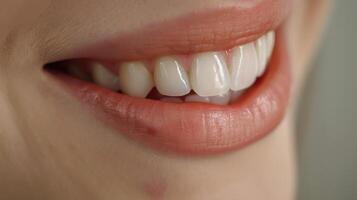 une allusion de les dents montrant par une séparé sourire ajouter une espiègle élément à le lèvres. photo