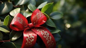 niché ast le en forme de cœur feuilles, une pétillant rouge ruban a été lié, une symbole de deux cœurs lié ensemble dans l'amour et unité. photo