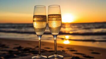 comme le Soleil trempettes derrière le horizon, le Champagne des lunettes asseoir élégamment sur le plage, une symbole de romance et relaxation. photo