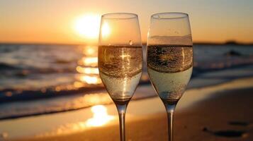 le lumière de le réglage Soleil scintille sur le cristal surface de deux Champagne des lunettes p avec amour sur le plage. photo