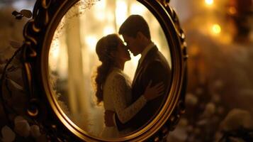 dans le fleuri Cadre de le antique miroir, le réflexion de une couple embrassement dans une chaud embrasser, leur l'amour brillant plus brillant que le doré Cadre. photo