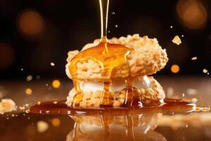 une Créatif coup capturer une biscuit dans en plein air, pris juste comme ses étant trempé dans une pot de doux, velouté Miel, création une visuellement séduisant bruine effet. photo