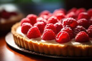 une fermer coup de une framboise Tarte capturer le magnifique contraste entre le friable, très pâte brisée Pâtisserie et le éclater de juteux cramoisi framboises niché dans. photo