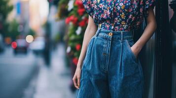 pour une plus féminin prendre sur le denim gilet, essayer une délicat floral chemisier niché dans taille haute jambes larges pantalon et fini de avec délicat bout pointu appartements. photo