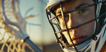 le intensité de une lacrosse joueurs yeux comme elles ou ils objectif pour le objectif avec leur bâton photo