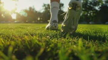 le caméra suit le joueurs pieds comme le crampons creuser dans le herbe création une fascinant Danse de détermination et compétence photo