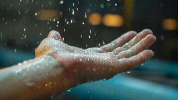 perles de transpiration luire sur une gymnastes paume comme elles ou ils presse fermement contre le voûte table se préparer se pour une puissant lancement photo