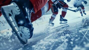 un intense Jeu de la glace le hockey capturé de une fermer angle mise en évidence le tranchant lames dans action photo