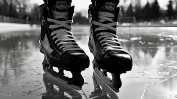 une paire de patins repos sur le bord de le patinoire prêt à conquérir le glacé arène photo