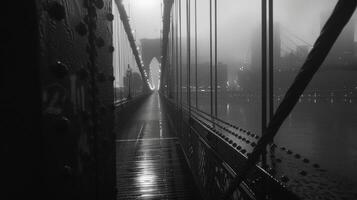 le brouillard obscurcit le vue de le ville au dessous de ajouter une toucher de secret et isolement à le pont. . ai génération photo