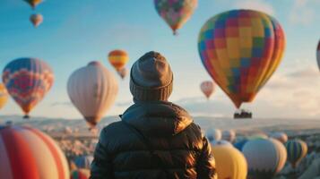 une figure des stands dans une mer de coloré chaud air des ballons retour orienté vers le caméra comme elles ou ils prendre dans le magnifique paysage de haute . photo