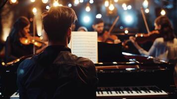 une groupe de les musiciens recueillir autour une piano dos à le caméra comme elles ou ils courir par une hanté mélodie concentrer sur perfection . photo