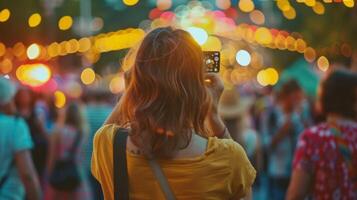 une femme des stands dans de face de une animé foule retour à le caméra comme capture une photo de le vibrant scène derrière rempli .