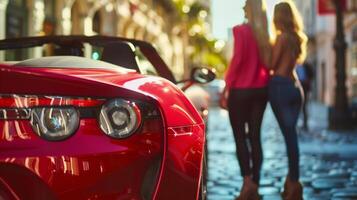 deux copains bavarder avec animation dans de face de une brillant rouge convertible dos à le caméra comme elles ou ils merveille à le haute performance véhicule. . photo