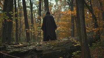 une figure masqué dans une longue noir manteau des stands sur une déchue arbre tronc dans le forêt. elles ou ils apparaître à être Profond dans pensée prise dans le . photo