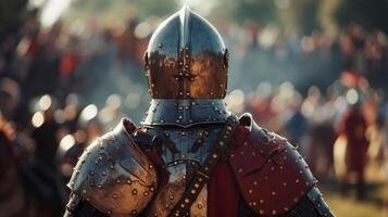 une galant Chevalier ajuste casque retour vers le caméra comme prépare pour tour dans le joutes tournoi. le chaleur et . photo