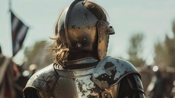 une Jeune Chevalier des stands en toute confiance avec retour à le caméra ajustement casque avant le tournoi commence. détermination . photo