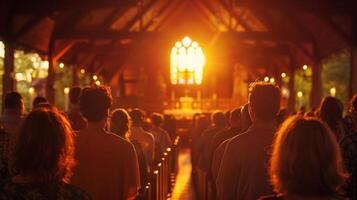 une rassemblement de gens rétro-éclairé par le chaud lueur à l'intérieur le chapelle rejoint dans culte avec dos vers le scénique rural paysage . photo