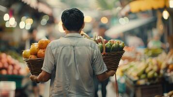 une homme porter une panier rempli avec une variété de exotique des fruits retour à le caméra comme navigue par le occupé marché concentré . photo