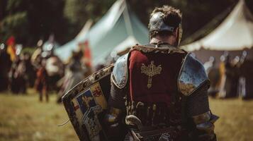 une écuyer des stands proche en portant une chevaliers casque et bouclier prêt à aider Maître pendant le compétition comme regards sur avec fierté . photo