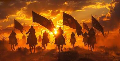 contre une ardent le coucher du soleil ciel une groupe de chevaliers sur à cheval galop une façon de le caméra leur bannières flottant derrière leur dans une spectaculaire . photo