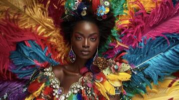 une radiant noir femme des stands à le premier plan de une mer de couleurs et complexe sur le thème du carnaval décor sa étourdissant couture robe ajouter à le visuel spectacle. vibrant plumes élaborer photo