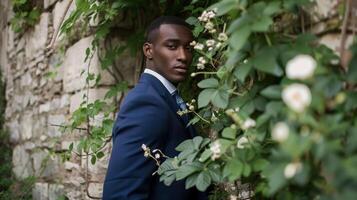 une stoïque noir homme penche contre une pierre mur orné avec brillant vert vignes et délicat blanc fleurs. le sien tranchant bleu costume les contrastes contre le douceur de le la nature alentours photo