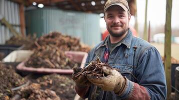 une agriculteur fièrement montrant de le sien renouvelable énergie système lequel les usages une combinaison de animal fumier nourriture déchets et plante matière à Puissance le sien tout opération. photo