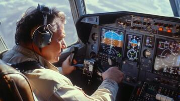 une pilote séance dans le cockpit de une alimenté au biocarburant avion vérification le affiche et contrôles avant décoller. le cabine est rempli avec Naturel lumière de le grand les fenêtres soulignant photo